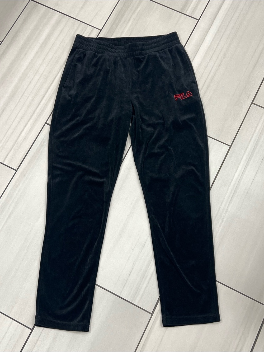 FILA Velvet Track Pants Mens Medium Black Velour Tracksuit Joggers Vintage Y2K